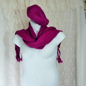 Knitted Scarf Beret Cap Set Magenta NWOT